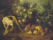 Francois Desportes Dog Guarding Game near a Rosebush oil painting reproduction